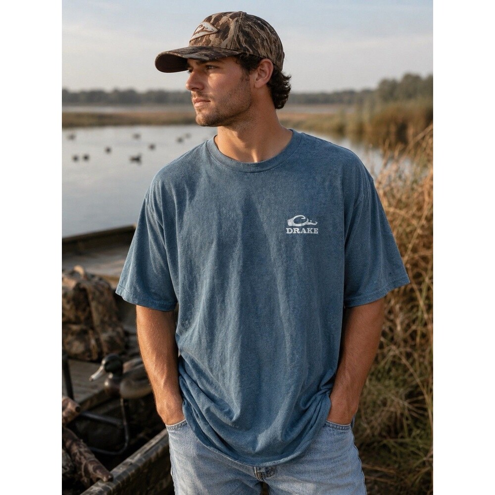 Drake Waterfowl Systems T Shirt Mens XL Blue Distressed Hunting Graphic Tee